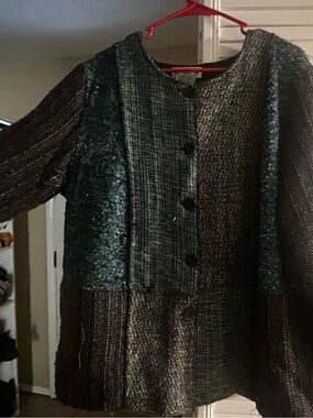 Textured Patchwork Button-Front Jacket in Deep Teal and Charcoal